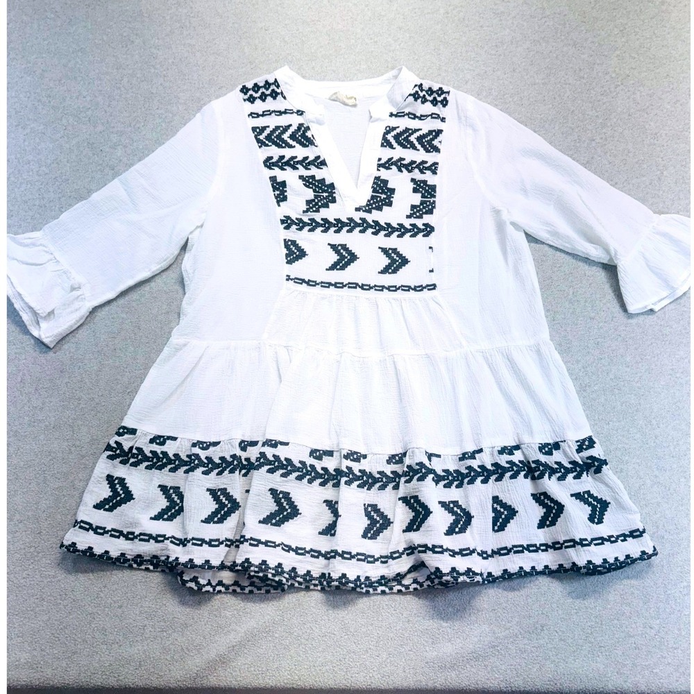 Cloth & Portrait Women L White Boho Embroidered Gauze Tunic Dress Peasant Tiered